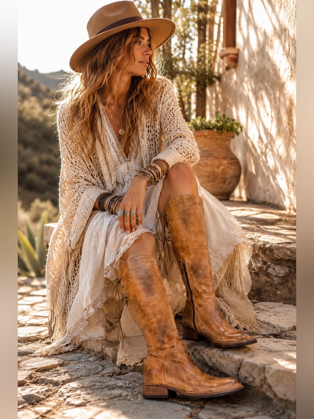Bed|Stü Manchester Cobbler Series Tall Leather Lace Back Boots Cognac Boho, 7.5 - Picture 10 of 11